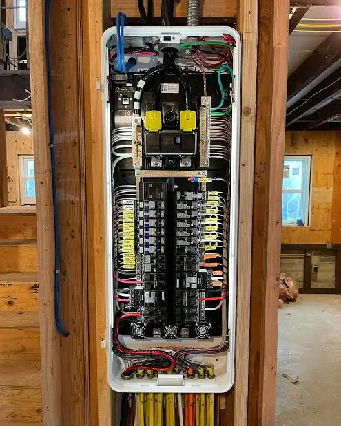 Neatly organized wiring inside a residential electrical panel