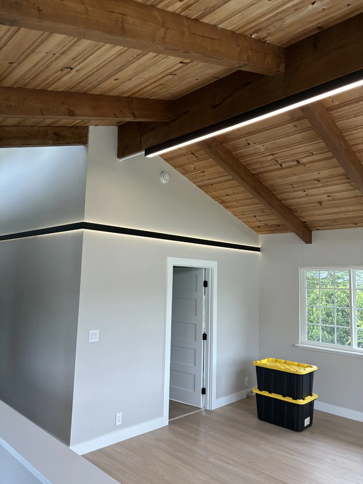 Finished architectural lighting beneath a timber ceiling